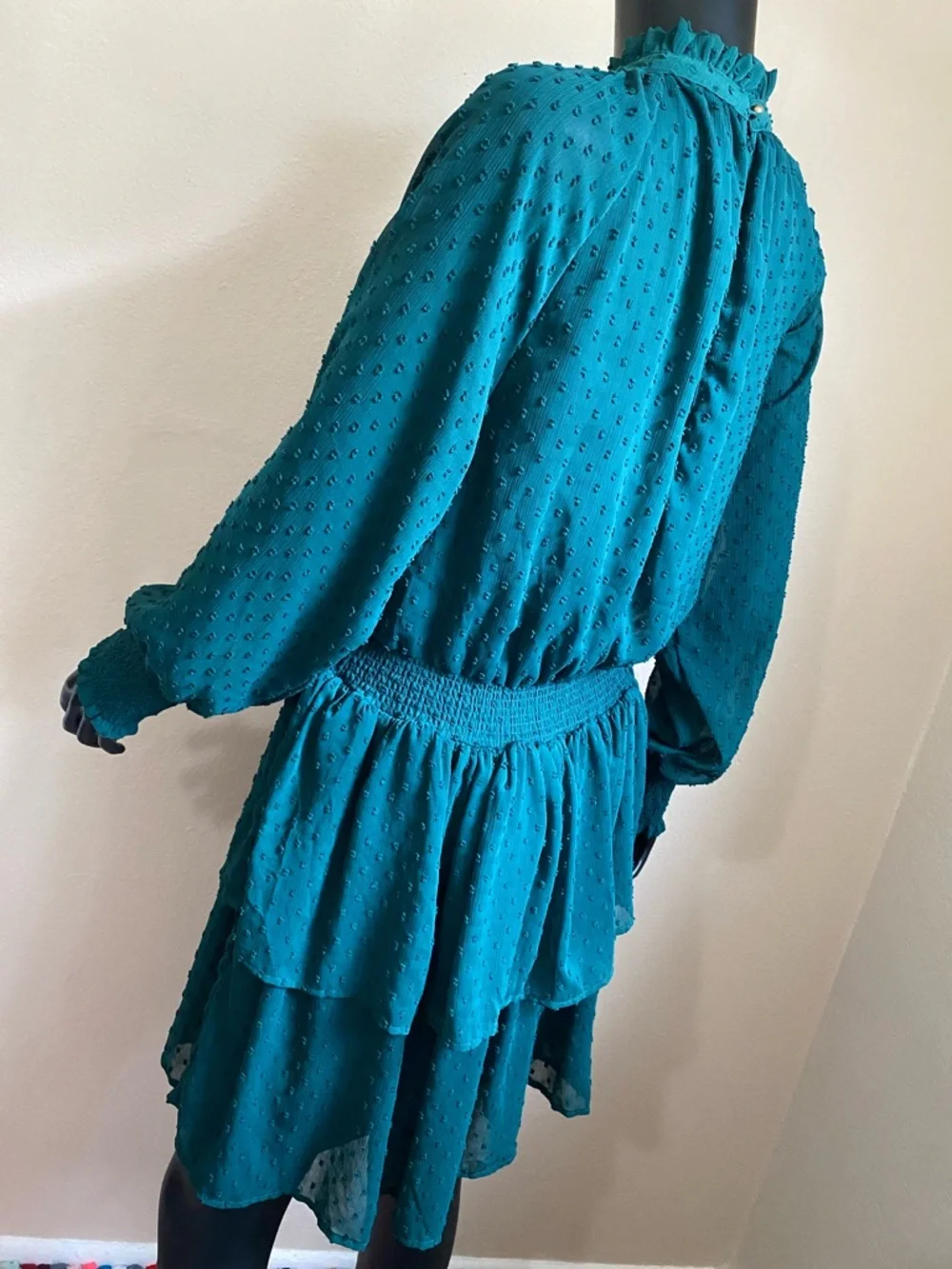 MUD PIE Green Swiss Dot Tiered Long Sleeve Mini Dress - Picture 6 of 14